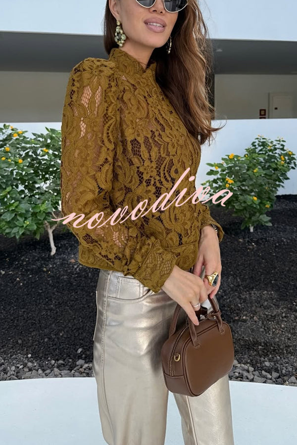 Palace Style Crochet Flower Lace Stand Neck Button Puff Sleeve Jacket