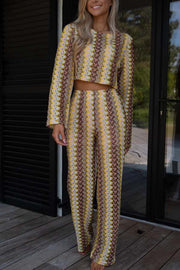 Tamia Knit Colorful Wave Unique Print Crop Top and Stretch Wide Leg Pants Set