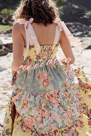 Floral Print Strappy Pleated Paneled Maxi Dress