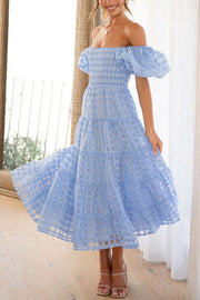 Dare To Dance Square Pattern Fabric Smocked Puff Sleeve Midi Dress