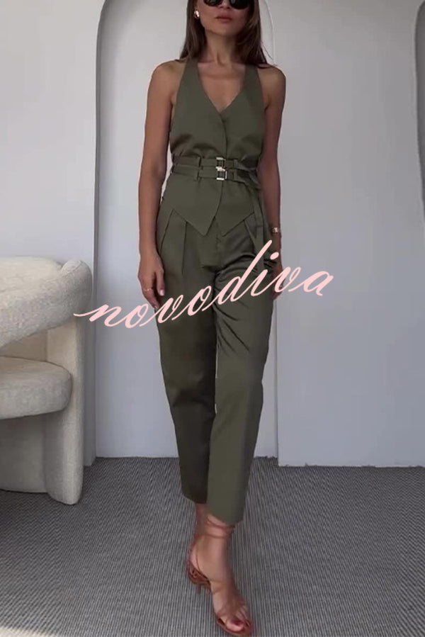 Sexy Backless Belted Waistcoat and Casual Pocket Pants Set