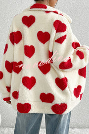 Fashion Plush Heart Print Loose Pocket Long Sleeve Zipper Jacket