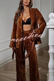 Solid Color Velvet Pleated Long-sleeved Tie Top and Casual Pocket Straight-leg Pants Set
