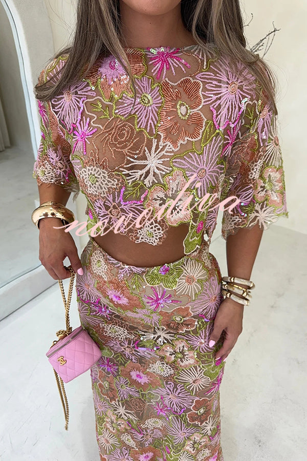 Fashionable Embroidered Flower Sequined Crop Top and Elegant Sheer Maxi Skirt Set