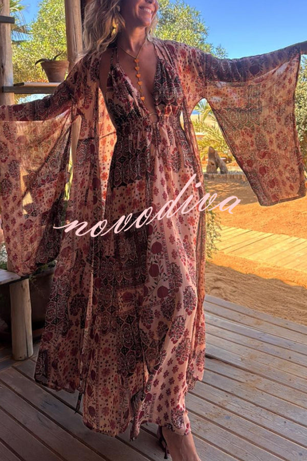 Boho Unique Printed Ring Halter Neck Open Back Slit Maxi Dress