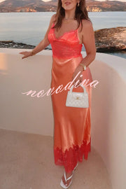 Elegant Evening Satin Lace Patchwork See-through Waist Slip Maxi Dress