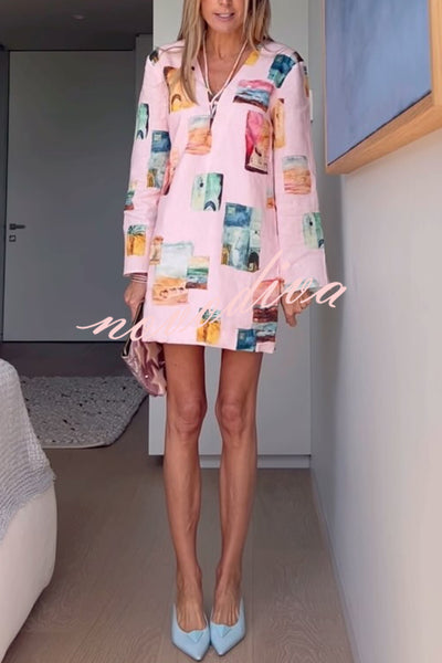 Coastal Cove Linen Blend Unique Print Tie-up Neck Long Sleeve Loose Mini Dress