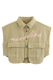 Stylish Weekend Denim Button Up Cape Sleeve Pocket Crop Top