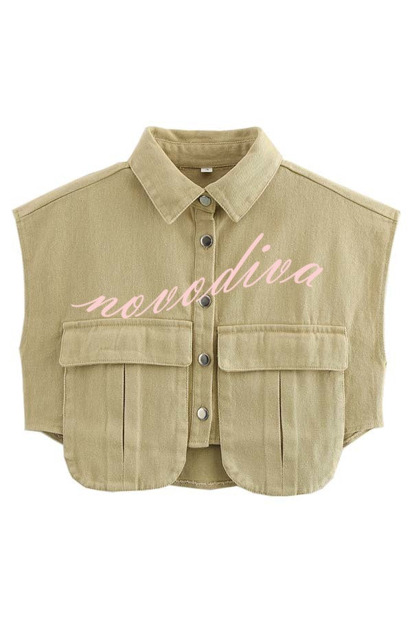 Stylish Weekend Denim Button Up Cape Sleeve Pocket Crop Top