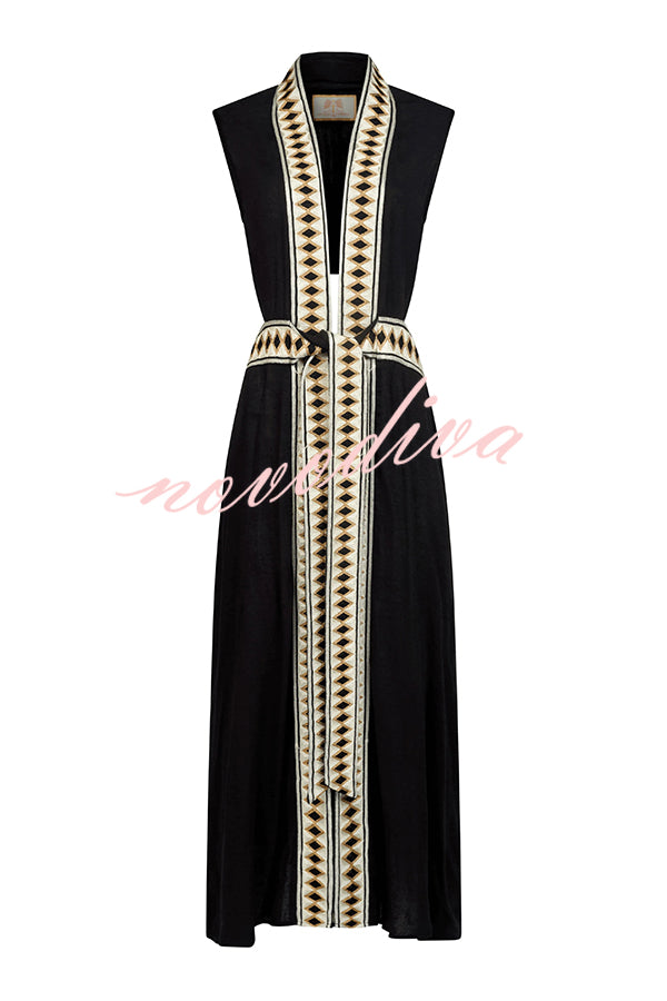 Fashionable Lock-edge Printed V-neck Lace-up Holiday Cover-up Robe