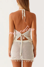 Fashion Knit Hollow Back Top and Embellished Fitted Stretch Beach Mini Skirt Set