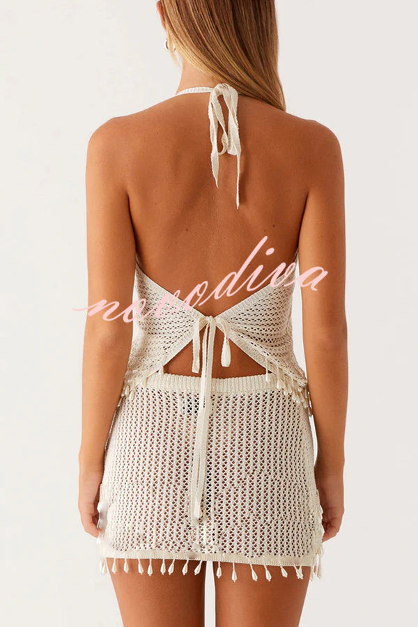 Fashion Knit Hollow Back Top and Embellished Fitted Stretch Beach Mini Skirt Set