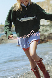 Fashionable Fish Pattern Round Neck Loose Knitted Sweater