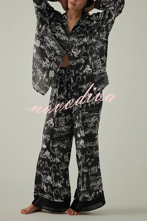 Unique Printed Lounge Long-sleeved Shirt and Elastic Waisted Baggy Pants Set