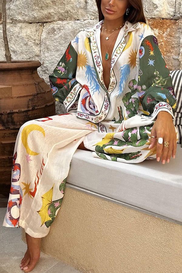 Bohemian Beauty Unique Print Long Sleeve Loose Shirt and Elastic Waist Pants Set