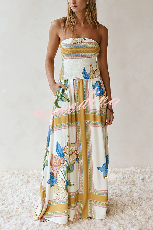 Linen Blend Unique Print Off-The-Shoulder Pleated Resort Maxi Dress