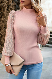 Sequined Paneled Knitted Long Sleeved Shirts