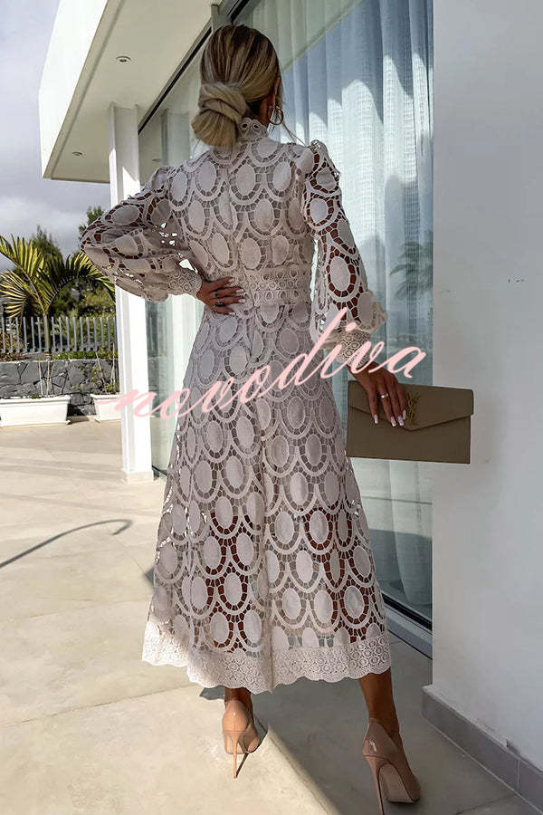 Romantic, Sensual and Elegant Crochet Lace Lantern Sleeve Party Midi Dress