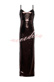 Dazzling Like Flowing Water Sequin V-neck Back Zipper Slit Maxi Dress
