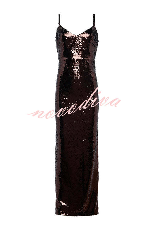 Dazzling Like Flowing Water Sequin V-neck Back Zipper Slit Maxi Dress