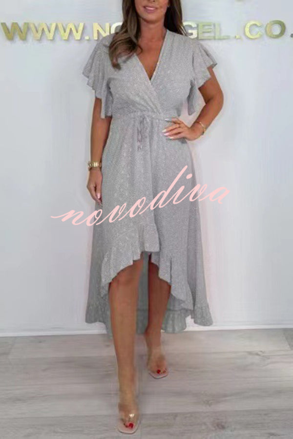 Resort Style V-neck Ruffle Sleeves Waist Tie Irregular Midi Dress
