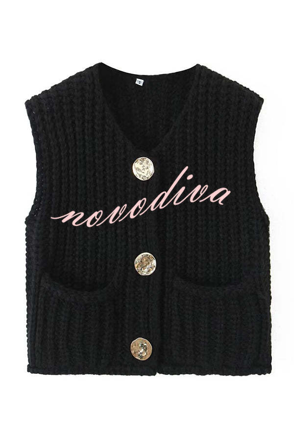 Solid Color Sleeveless Pocket Knitted Vest