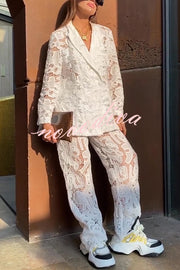 Fashionable Lace Long-sleeved Lapel Loose Top and Casual Hollow Pants Set