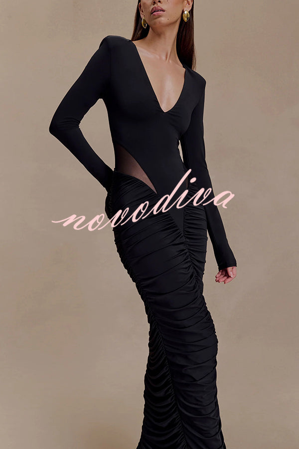 Sexy See-through Long-sleeved V-neck Pleated Slim-fit Maxi Dress