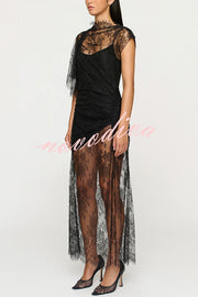 Romantic Statement Lace One Shoulder Bell Sleeve Asymmetrical Maxi Dress
