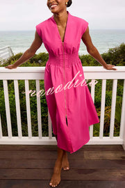 Workdays or Weekends Front Zipper Smocked Waist Pocket Loose Midi Dress