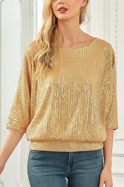 Solid Color Sequined Loose Round Neck Casual Top