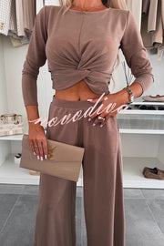 Solid Color Round Neck Long Sleeve Twist Crop Top and Elastic Waist Pocket Wide Leg Pants Set