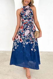 Floral Print Halterneck Tie Zip Smocked Maxi Dress