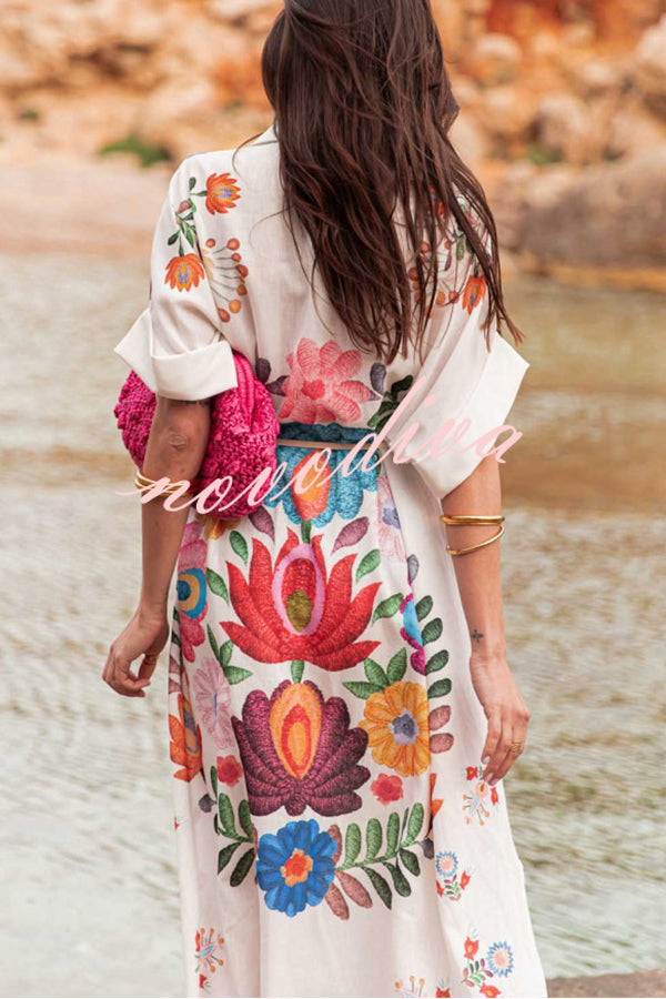 Plant Print Lapel Short Sleeve Waist Tie Loose Vacation Midi Dress