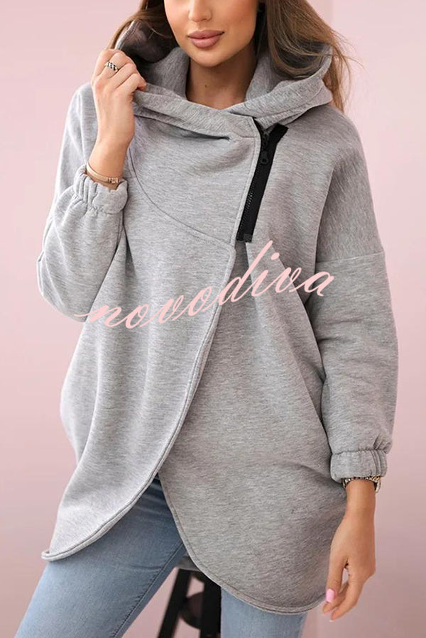 Solid Color Loose Hooded Zip-up Casual Sports Jacket