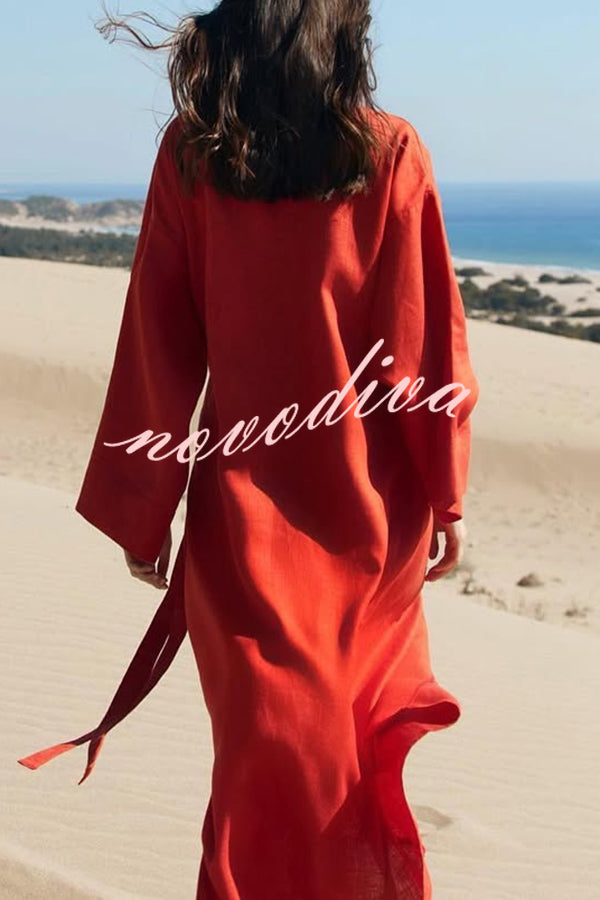 Linen Blend Solid Color Casual Lapel Tie Loose Maxi Dress