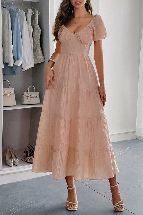 Solid Color V-neck Puff Sleeve Casual Holiday Style Midi Dress
