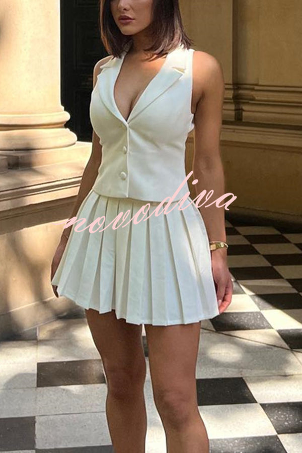 Sexy V-neck Sleeveless Vest and Pleated Mini Skirt Set