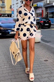 Giselle Linen Blend Polka Dot Print Lapel Long Sleeve Shirt and Elastic Waist Pocket Shorts Set
