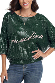 Solid Color Sequined Loose Round Neck Casual Top