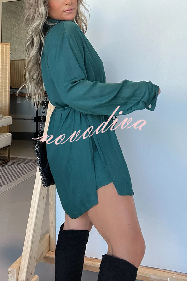 Solid Color Long Sleeve Button Casual Shirt-Style Rompers