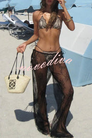 Vacation Vibe Lace Mid Rise Side Tie-up Wide Leg Pants