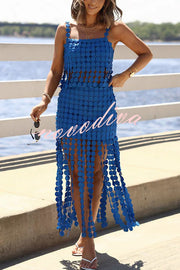 Caitlin See Through Circle Embroidery Elastic Waist Tassle Hem Maxi Skirt