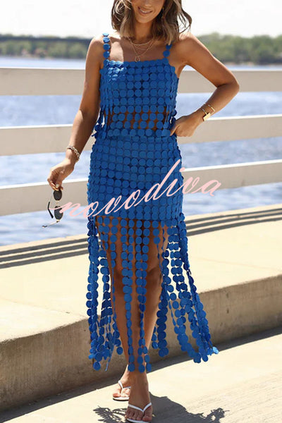 Caitlin See Through Circle Embroidery Elastic Waist Tassle Hem Maxi Skirt