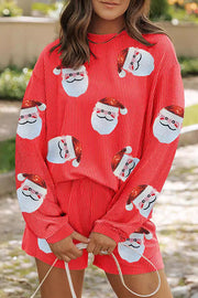 Christmas Sequined Loose Long-sleeved Top and Elastic Waist Casual Shorts Set