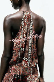 Ethnic Boho Colorblock Print Elastic Waist Resort Style Maxi Dress