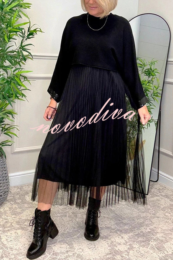 Fenna Ribbed Sequin Trim Batwing Sleeve Sweater and Pleated Tulle Stretch Tank Midi Dress Two-piece Set