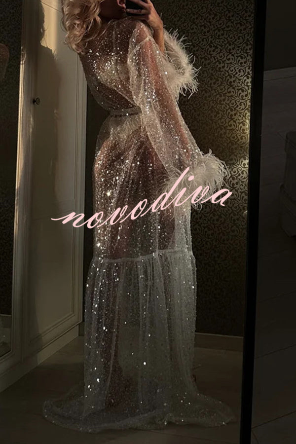 Fashionable Sequined Feather Long-sleeved Vacation Loose Extra-long Sun Protection Cover-up