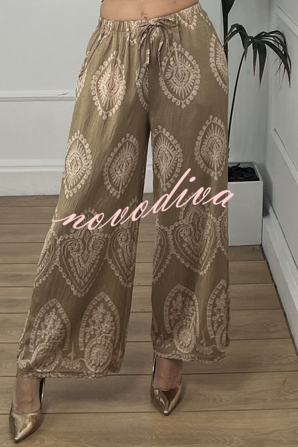 Unique Print Elastic Waist Casual Pocket Wide Leg Pants