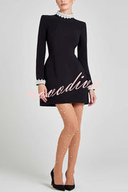Lovers Kiss Pearl Trim High Neck Long Sleeve Pocketed Tulip Mini Dress